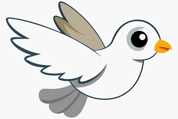 Fototapeta premium Cartoon seagull in flight with white feathers and gray wing accents, big eyes, and orange beak