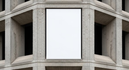 Empty White Display Panel on Geometric Concrete Building Facade, Urban Advertisement Space