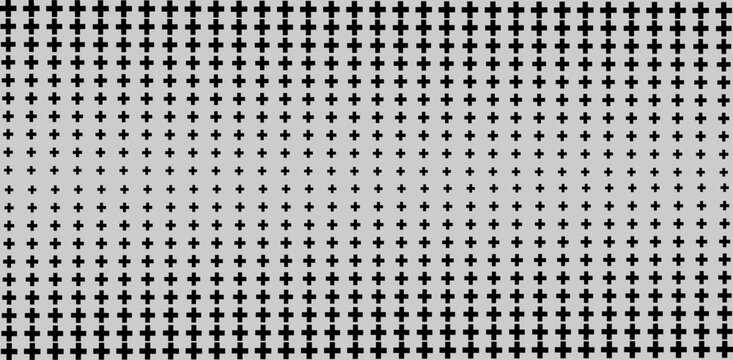 A minimalist abstract pattern with black plus (+) symbols neatly arranged in a grid. cross or plus sign seamless pattern on white background.