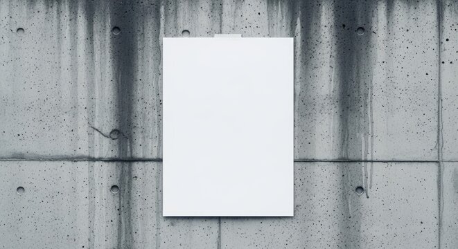 Clean white blank poster mockup hanging on a textured raw concrete wall for modern design presentation