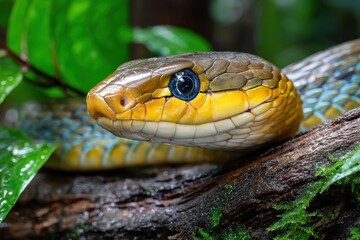 Fototapeta premium Closeup of a Colorful Snake on a Mossy Branch