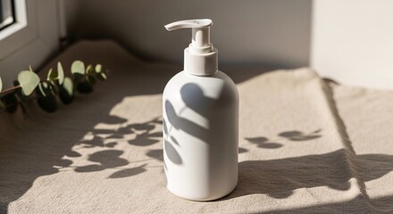 A white bottle of lotion or soap on a sunny surface with shadows