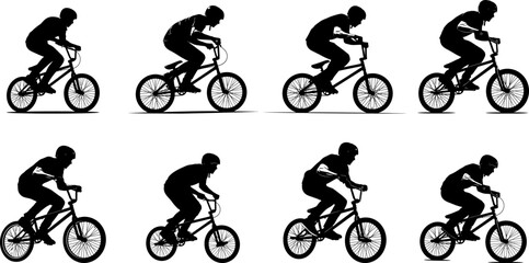 Naklejka premium BMX rider black silhouette icon collection. Includes 8 different male and female cyclists on BMX bikes in various riding positions. Created in solid black vector style with a white background.