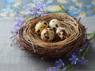 Obraz premium Easter eggs in nest with spring flowers, AI generated image