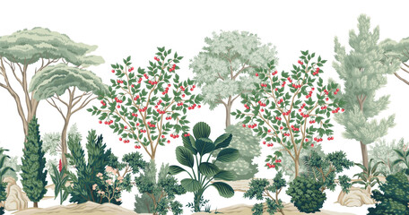 Tropical vintage botanical palm trees, cherry tree, plants landscape seamless border white background. Exotic jungle wallpaper. © good_mood