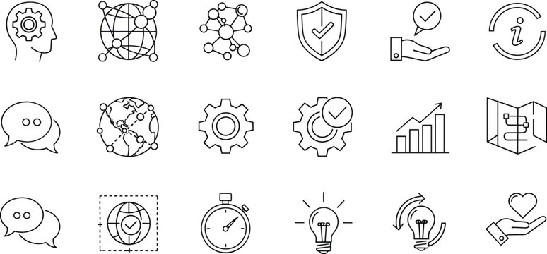 Set of 16 Thin Line Icons Representing Technology, Data, and Information for Digital, Business, and Innovation Design Themes