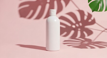 A white bottle on a pink background with monstera leaf shadows