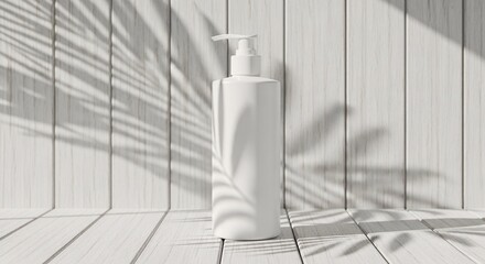 A white bottle on a white wooden floor with palm shadows