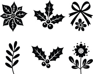 Black Christmas floral silhouette set, holly berry and poinsettia icons, winter holiday botanicals, decorative  © Md Baccu