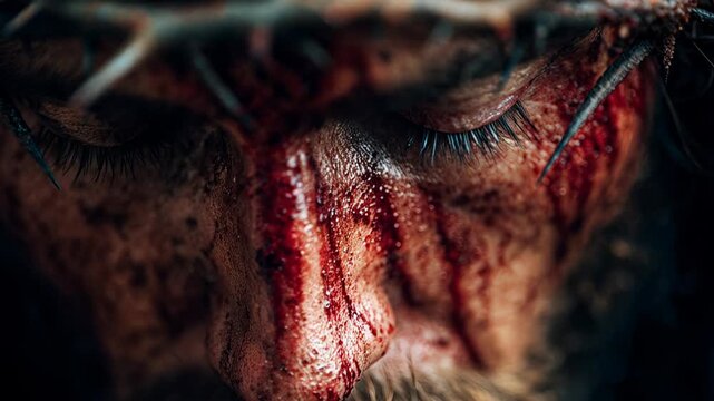 Extreme close up of a face wearing a crown of, suffering agony, religious, crucifixion, cinematic horror, martyrdom scene.