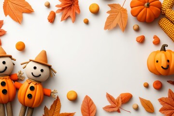 Fototapeta premium Surreal Autumn Harvest with 3D Clay Pumpkins and Scarecrows Displaying Warmth