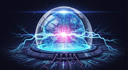 Futuristic energy sphere with electrical discharges and glowing core. © Verli