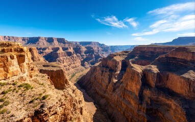 Obraz premium Aerial View of Layered Rock Canyon Under Bright Noon Sky