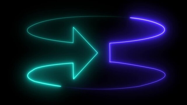 Glowing neon mask double arrow animation .neon double arrow animation. Flashing arrow shape symbol with glowing neon light running around the arrow symbol on a black background.