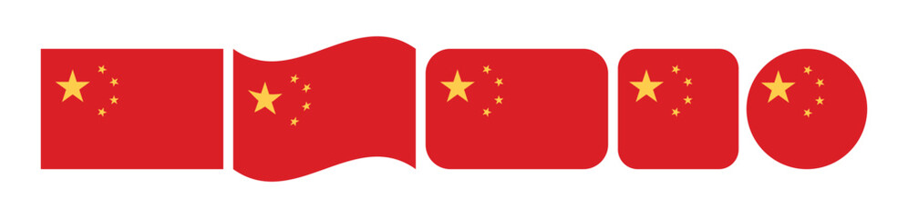 Set of china national flag icons in rectangle waving rounded square square and circle shapes isolated on white background © Art Stor Pro