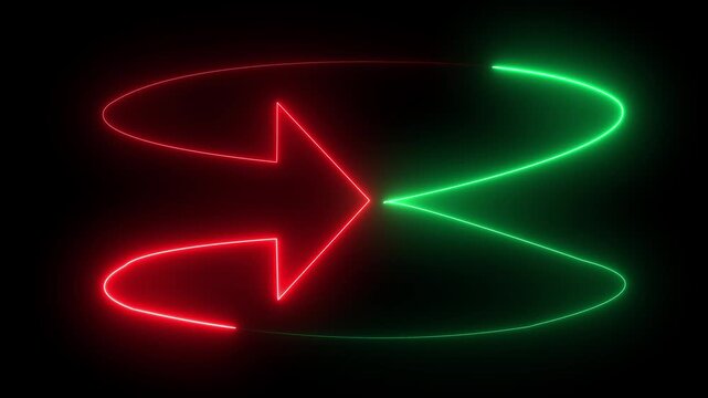 Glowing neon mask double arrow animation .neon double arrow animation. Flashing arrow shape symbol with glowing neon light running around the arrow symbol on a black background 4k.