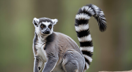 Fototapeta premium Ring-Tailed Lemur in Natural Madagascar Habitat – Striped Tail Primate Wildlife Portrait