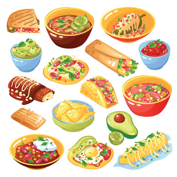 Mexican food stickers set with traditional dishes tacos burrito nachos and spicy soup