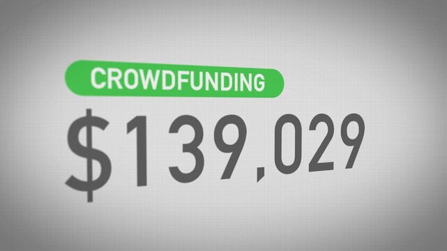 Close up of a crowdfunding campaign total increasing on screen. Dollar amount counts upward, representing fundraising growth and online donations. 15044