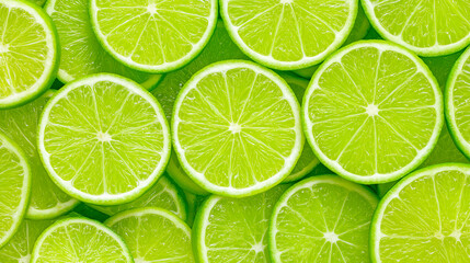 Fresh green lime slices arranged in a circular pattern, showcasing the vibrant color and texture of the fruit, with visible seeds and pulp in the center