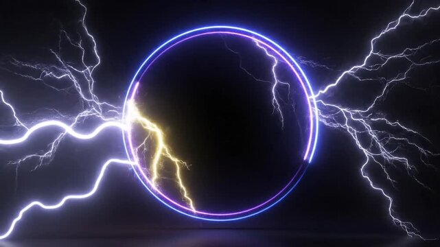 A vibrant neon circle glows with electric energy as lightning bolts strike within its futuristic