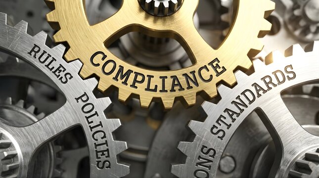 Business Compliance gears interlocking with rules policies and standards in a complex mechanical system from a detailed close-up viewpoint