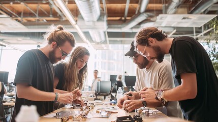 Group works together on project in spacious workspace during a sunny day