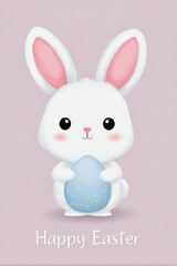 Obraz premium Cute bunny holding an egg celebrates Easter on a pastel background