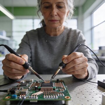 A focused woman uses soldering irons to assemble or repair a complex electronic circuit board in a well-lit workshop.
