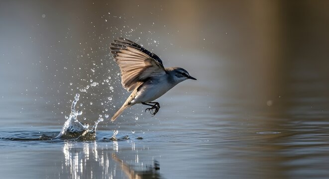 Small insectivorous bird takes flight dramatically after splashing water surface during morning bath in still water habitat