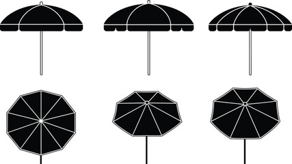 Set of beach umbrella silhouettes in front and top view, sunshade parasol vector icons for summer vacation and patio furniture isolated on white background. © Md Baccu