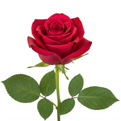 A single vibrant red rose with a rich green stem and leaves isolated on transparent background