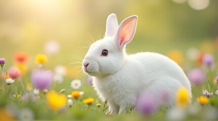 A charming white rabbit with expressive brown eyes sitting peacefully among vibrant spring wildflowers in a beautifully sunlit meadow during springtime.