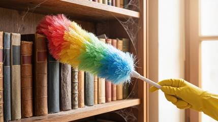hand wearing yellow glove dusting old books on wooden shelf with rainbow feather duster and removing cobwebs in home interior