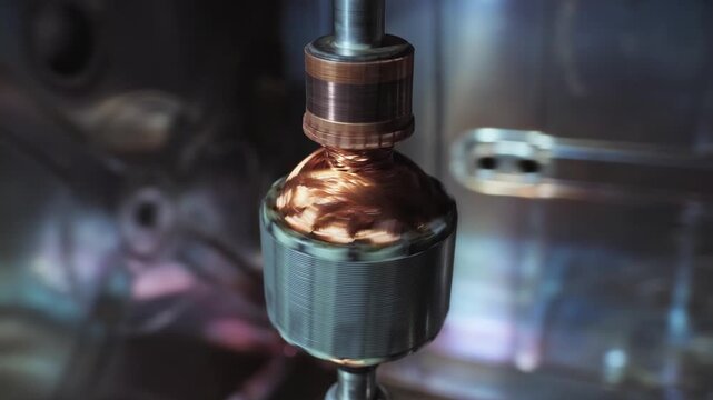 Electric motor rotor with visible copper windings and commutator rotating in an industrial interior. Close-up of an electromechanical component used in power generation