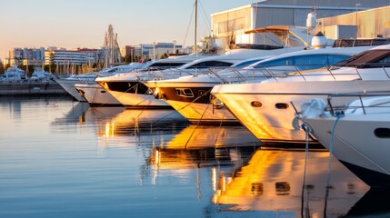 Fototapeta premium Serene Golden Hour at Coastal Marina with Calm Water Reflecting Boats