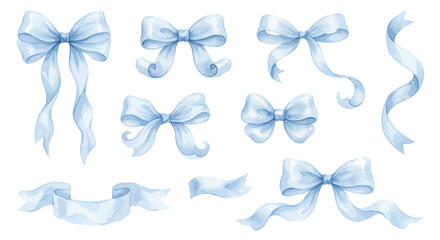 A charming watercolor collection of soft blue ribbons and bows, featuring flowing satin loops, curled tails, delicate knots, and airy fabric textures. © liana