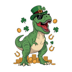 St. Patrick's Day T-Rex Dinosaur in Leprechaun Hat with Gold Coins and Shamrocks