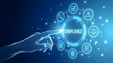 Hand interacting with digital interface illustrating Business Compliance concepts in a futuristic environment with icons and symbols