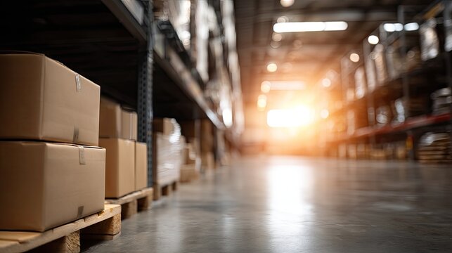 Shelves filled with boxes in a warehouse setting during sunset hours providing a view of organized storage in a busy facility