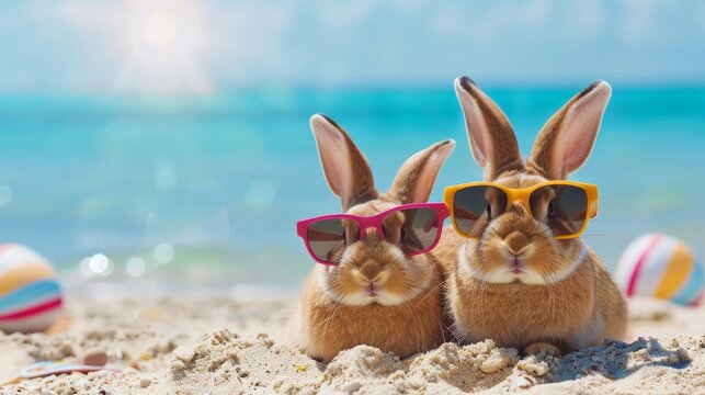 two cute Easter bunniesin sunglasses on vacation by beach coast.