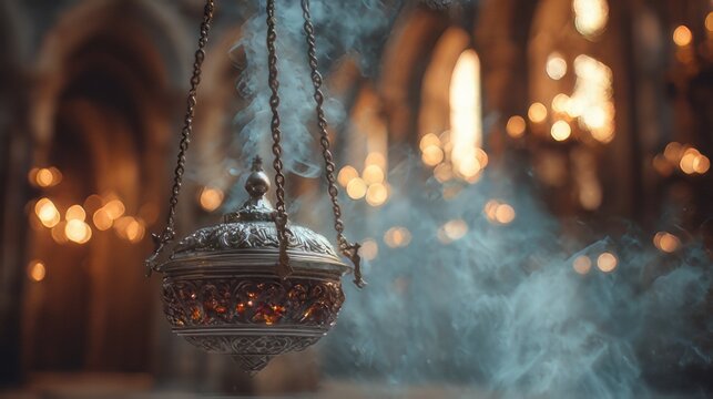 Mystical hanging thurible gracefully releasing fragrant sacred smoke in an old, softly lit church, evoking peace, reflection, and spiritual tradition.