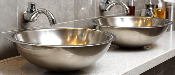Stylish stainless steel hand-washing sinks in a public restroom setting with gray tiles, showing modern design and functionality