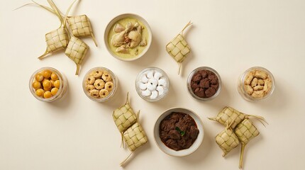 Fototapeta premium Traditional Festive Asian Food Flat Lay with Rice Cakes, Beef Stew and Holiday Cookies