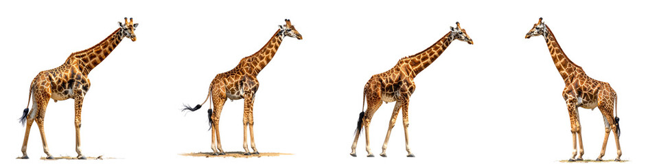 Naklejka premium Four giraffes standing in different poses isolated on transparent background
