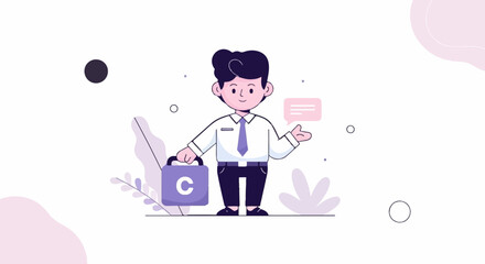 A cheerful person in business attire holds a briefcase, gesturing with a speech bubble nearby
