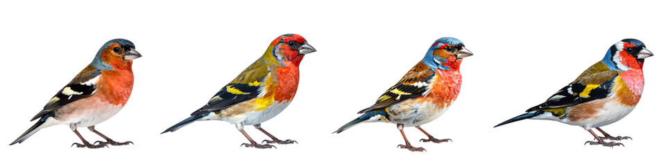 Obraz premium Four colorful finches standing in a row isolated on transparent background
