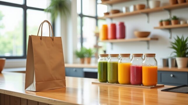 Bolsa de papel marr&oacute;n sostenible con asa de papel retorcida sobre el mostrador de un bar de jugos