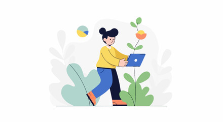 Fototapeta premium Person holding laptop near growing plant, with chart graphic