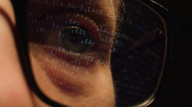 AI code on eyeglass glass, reflection on woman developer eyeglasses, working in dark office, tired busy people, depression on work, haker or it engineer with laptop, stocks markets. 